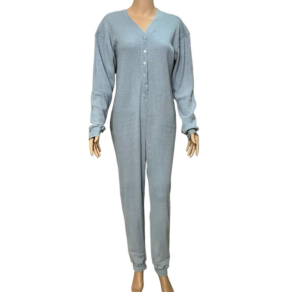 90s VTG Thermal Pajama One Piece Union Suit Small Button Down Blue Long Sleeve